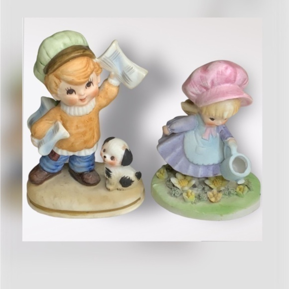 2 Lefton Ceramic Collector Figurines Paper Boy  With Dog & Girl Watering Flowers